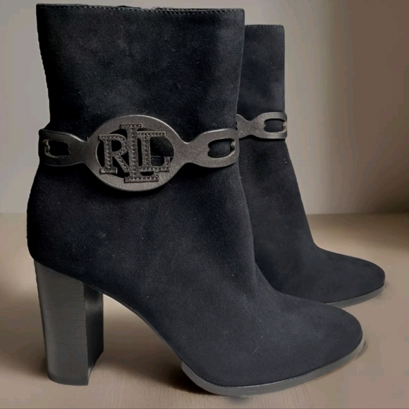 RLL Ralph Lauren Women 6 Boots Abigael Black Suede Zip Calf High Block Heel Edgy - Picture 15 of 15